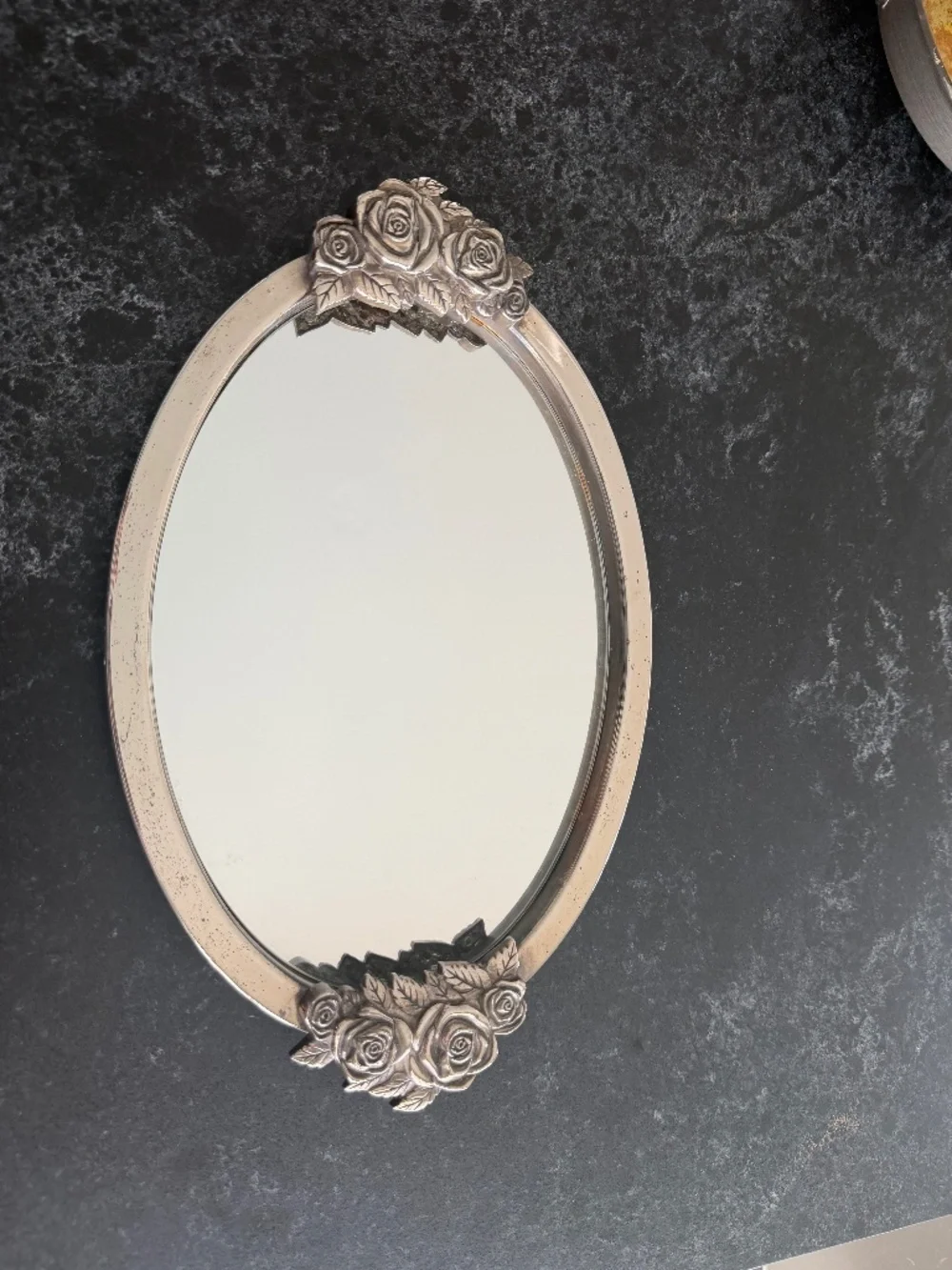 Godinger Oval Silver Plated Vanity Mirror Tray Ornate Floral Design